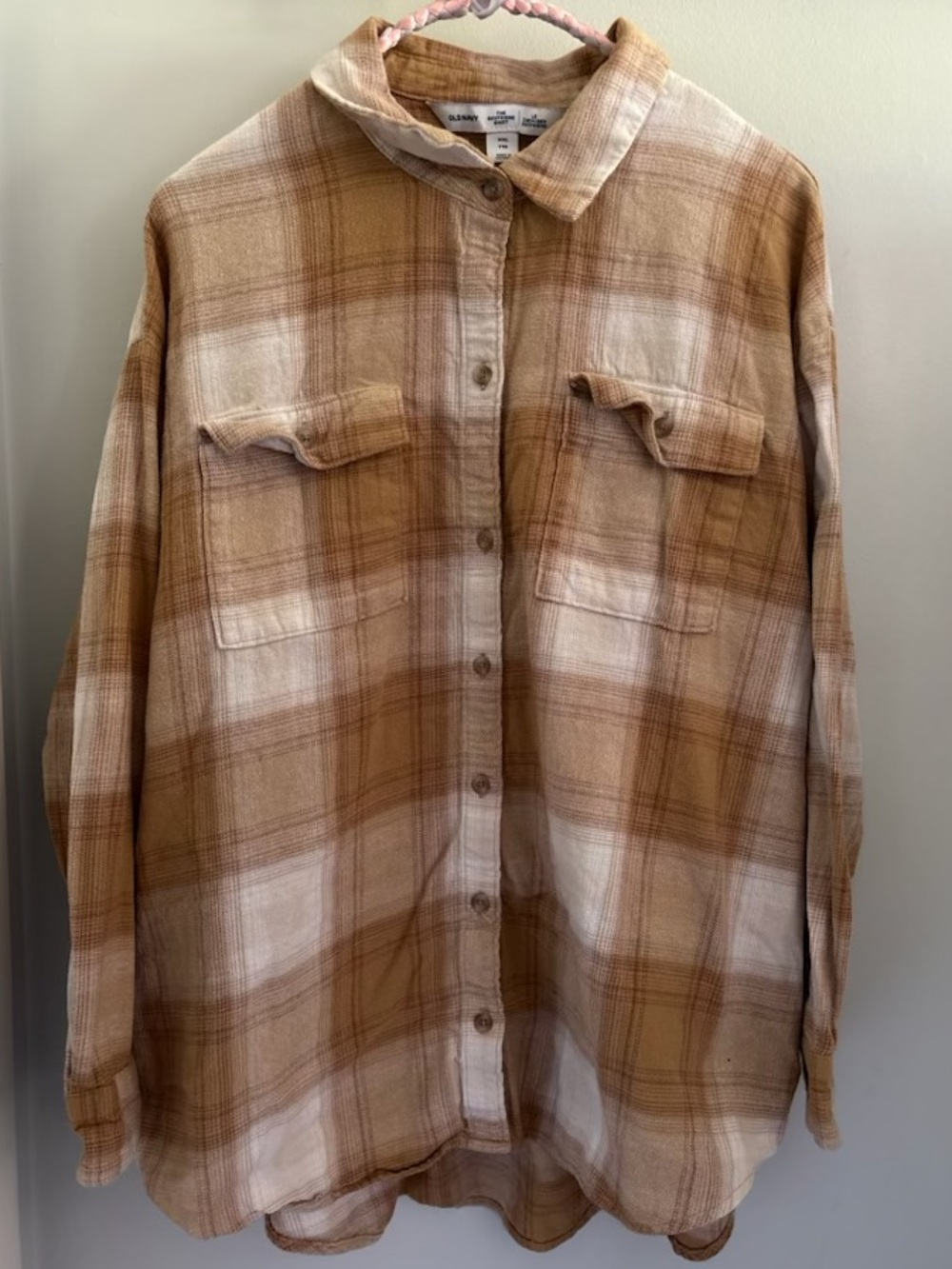 Old Navy Tan & White Plaid Button-Down Shirt - Picture 1 of 3